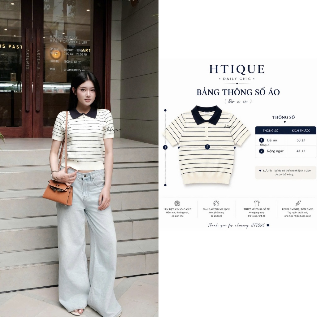 HTIQUE - DEAL mở bán Áo polo len dệt kim kẻ ngang thoáng khí, Áo polo kiểu nữ đơn giản dễ mix daily LN02