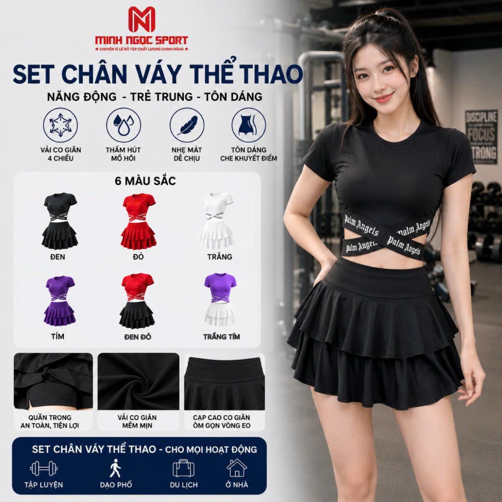 Bộ Đồ Tập Nữ Chân Váy Tầng Và Áo Cạp Chữ, Đi Biển,Tập Gym Nữ, Tập Nhảy Đội Nhóm Aerobic Chất Đẹp Cao Cấp