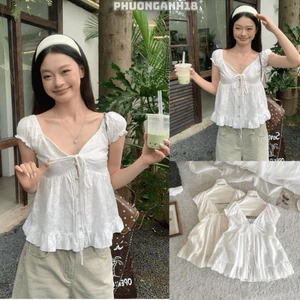 Áo babydoll nữ kiểu Linen tay phồng nơ ngực cổ v công chúa phong cách 130 a226