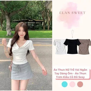 【Élan Sweet】Áo Thun Nữ Trễ Vai Ngắn Tay Dáng Ôm - Áo Thun Trơn Cổ Đổ Sexy Sang Chảnh Tôn Dáng