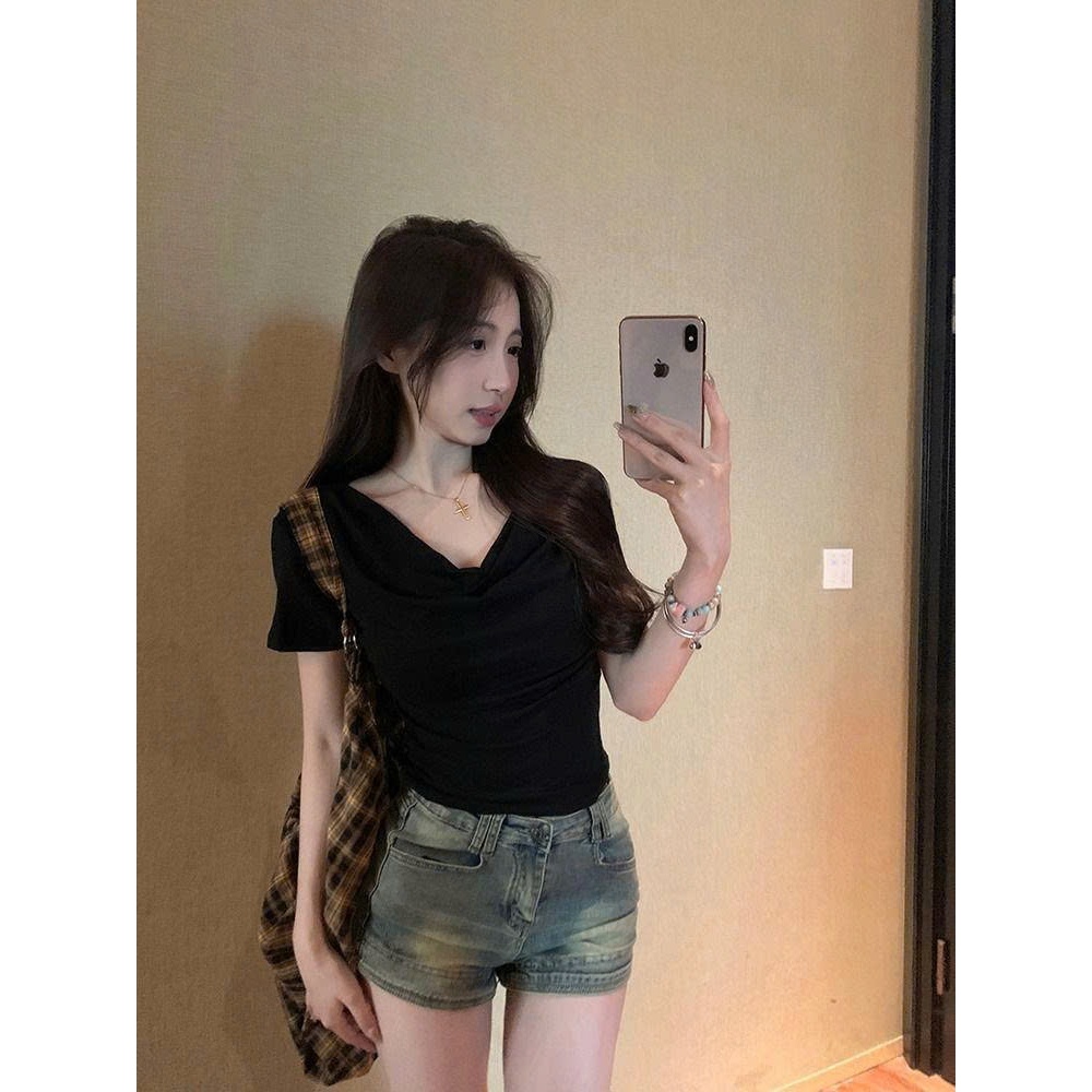【Élan Sweet】Áo Thun Nữ Trễ Vai Ngắn Tay Dáng Ôm - Áo Thun Trơn Cổ Đổ Sexy Sang Chảnh Tôn Dáng