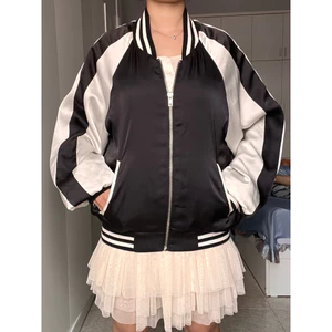 Áo khoác bomber satin đen trắng form rộng unisex y2k vintage 2hand Hàn Quốc