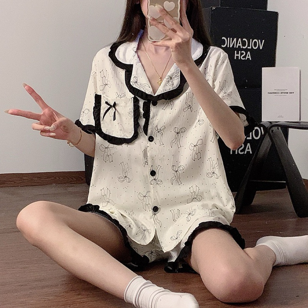 Bộ đồ ngủ nữ cotton chấm bi mây mùa hè 2025, tay ngắn, quần đùi, quần dài, bộ đồ mặc nhà