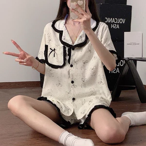 Bộ đồ ngủ nữ cotton chấm bi mây mùa hè 2025, tay ngắn, quần đùi, quần dài, bộ đồ mặc nhà