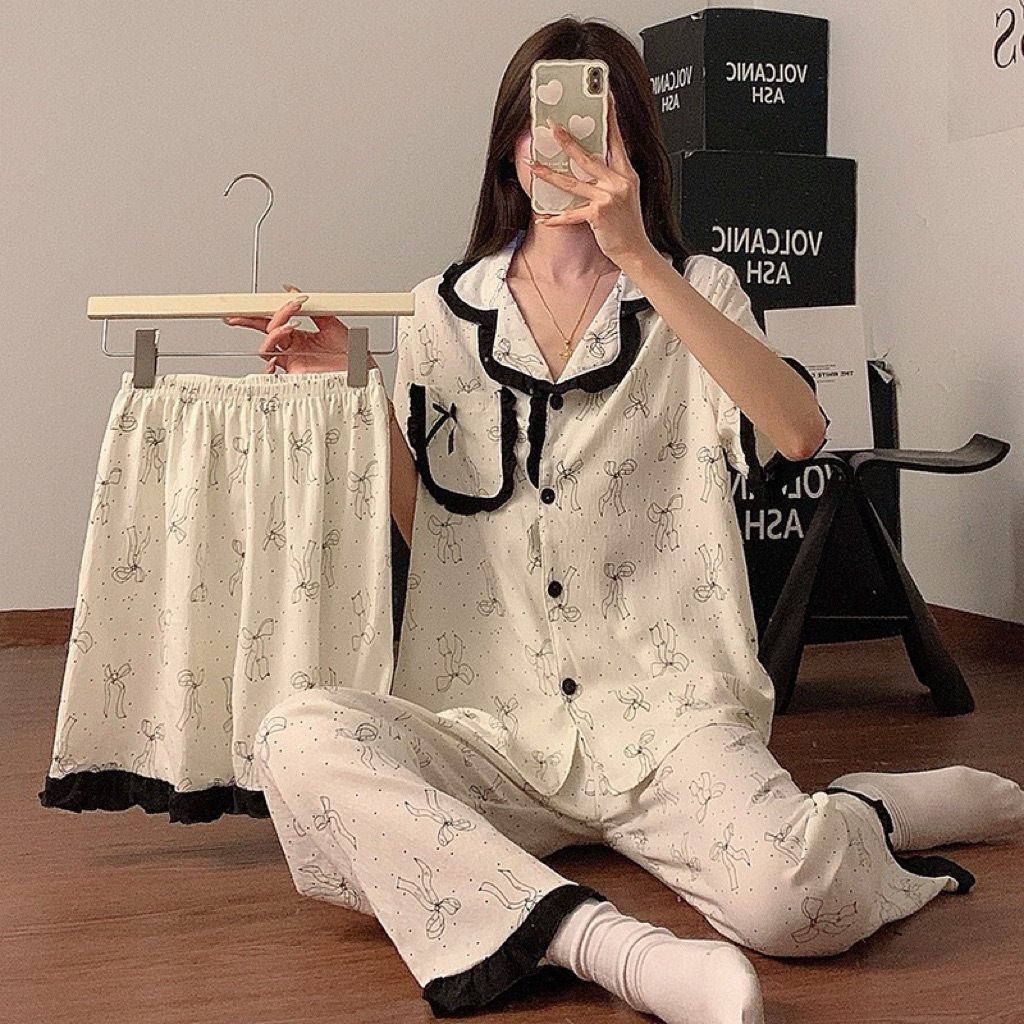Bộ đồ ngủ nữ cotton chấm bi mây mùa hè 2025, tay ngắn, quần đùi, quần dài, bộ đồ mặc nhà