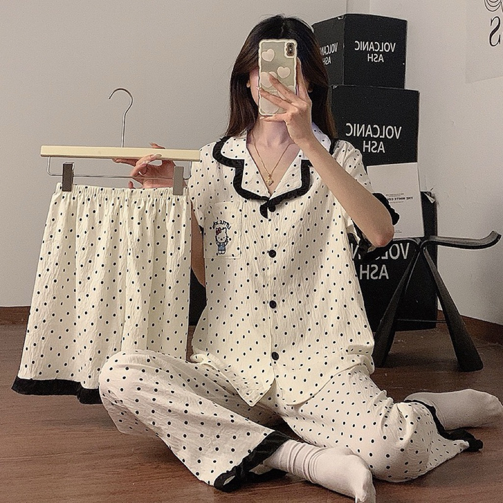 Bộ đồ ngủ nữ cotton chấm bi mây mùa hè 2025, tay ngắn, quần đùi, quần dài, bộ đồ mặc nhà