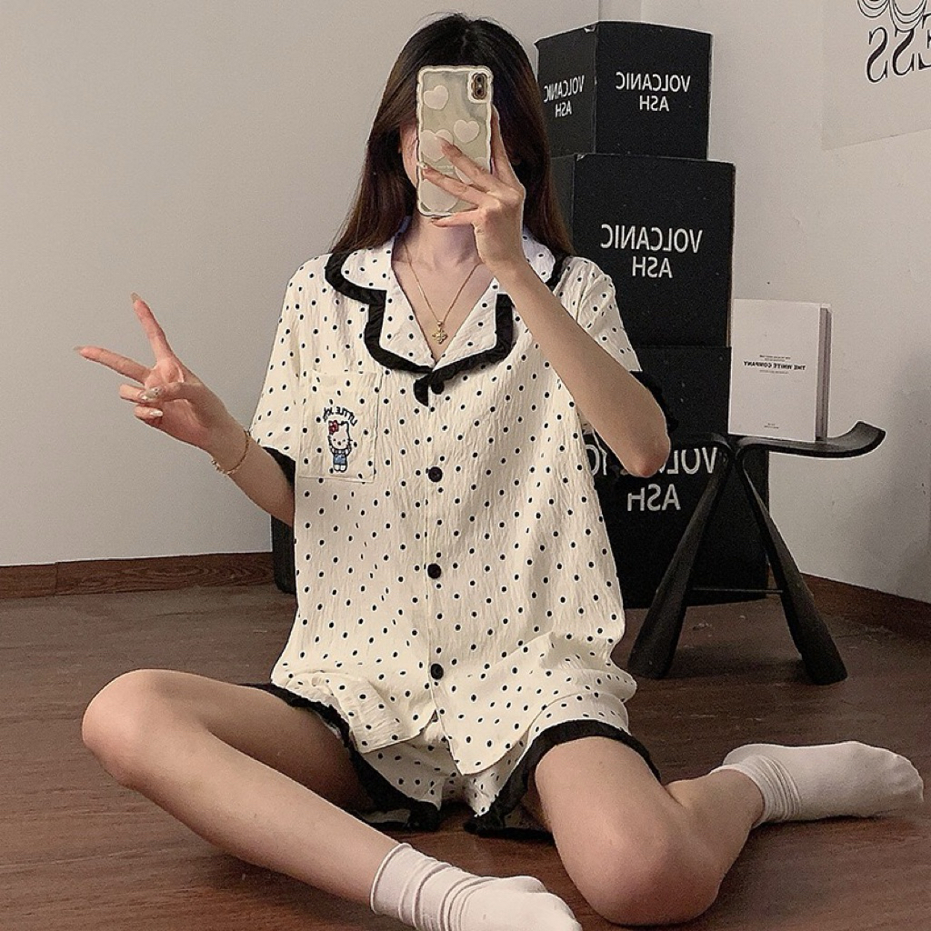 Bộ đồ ngủ nữ cotton chấm bi mây mùa hè 2025, tay ngắn, quần đùi, quần dài, bộ đồ mặc nhà