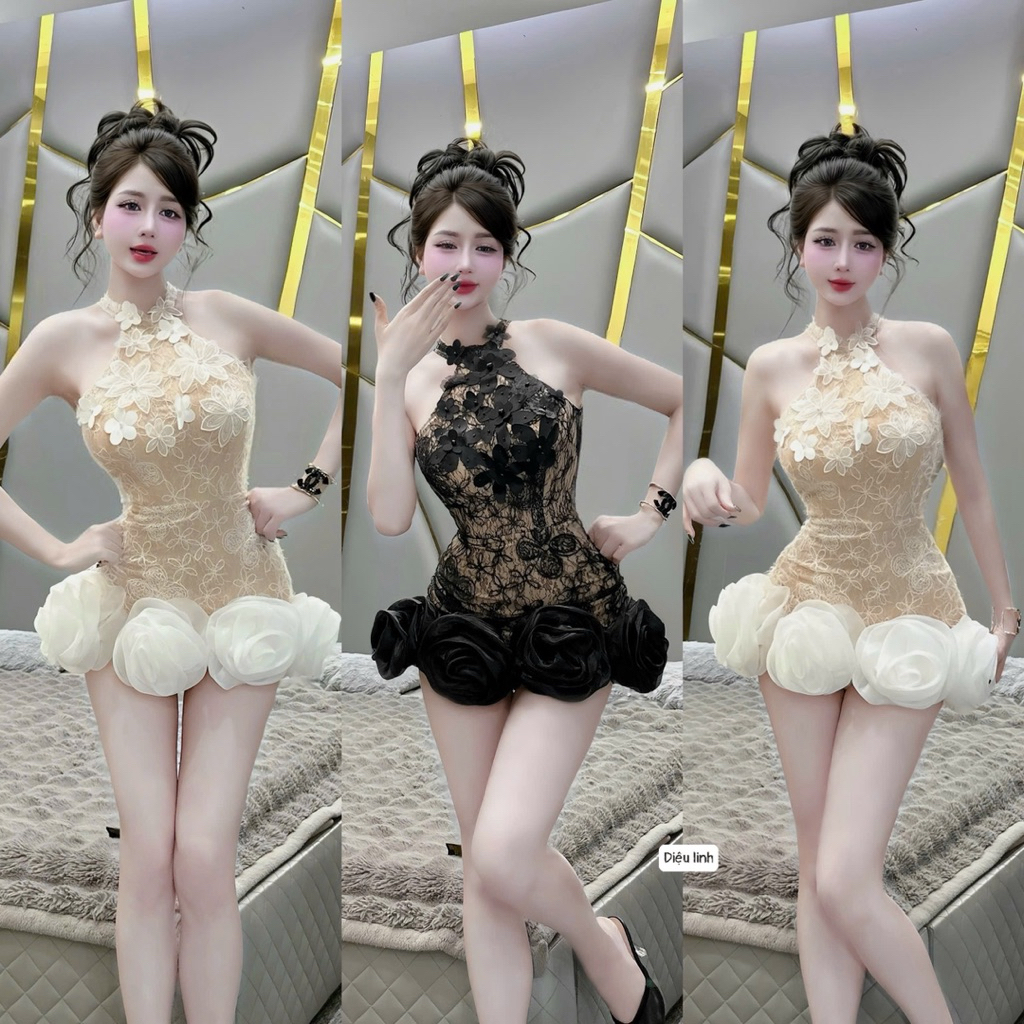 Đầm ren hoa cắt đính 🥰  Đen, kem