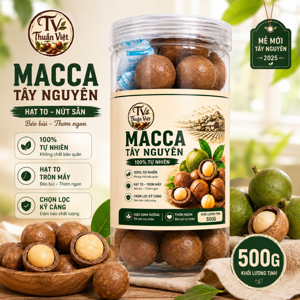 Hạt Mắc Ca Đắk Lắk Nứt Vỏ 500g - Macca Tây Nguyên Sấy Giòn Béo Tự Nhiên Loại 1 | Thuần Việt Farm