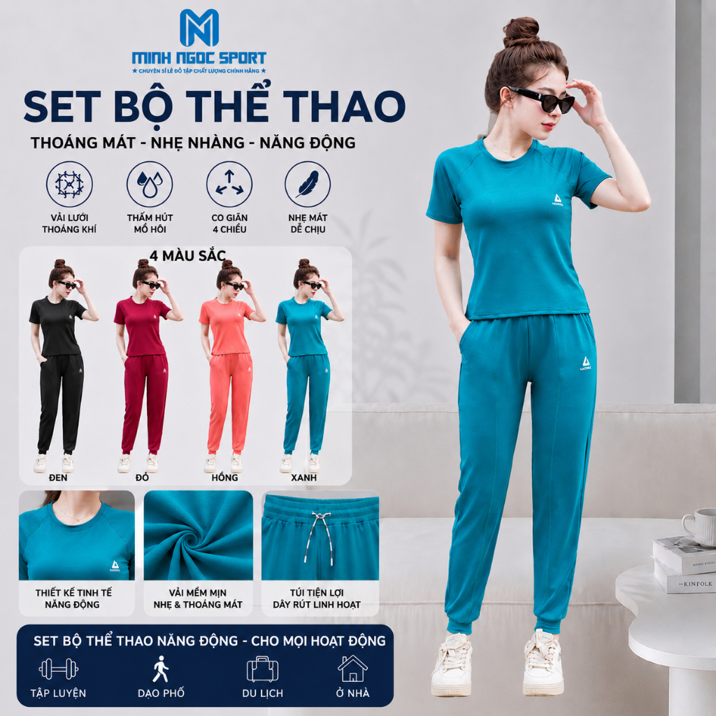 Bộ Đồ Tập Gym Yoga, Thể Thao Nữ Cộc Tay Thun Lạnh Mix Quần Joger Đồ Đội Nhóm Chạy Bộ Tập Nhảy Erobic.MINH NGOC Sport 247