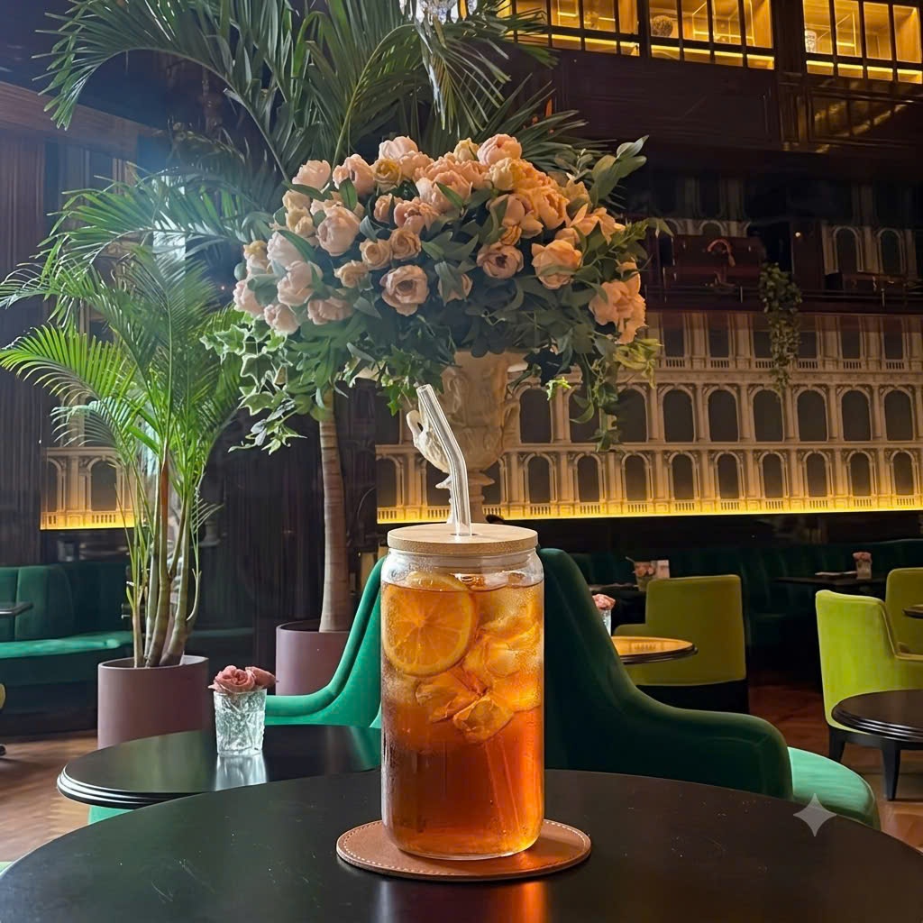 Cốc Thủy Tinh 550ml Kèm Nắp Gỗ Ống hút Bình Thủy Tinh Hình Trụ Trơn Decor Uống Cafe Chất Liệu An Toàn Tiện Lợi