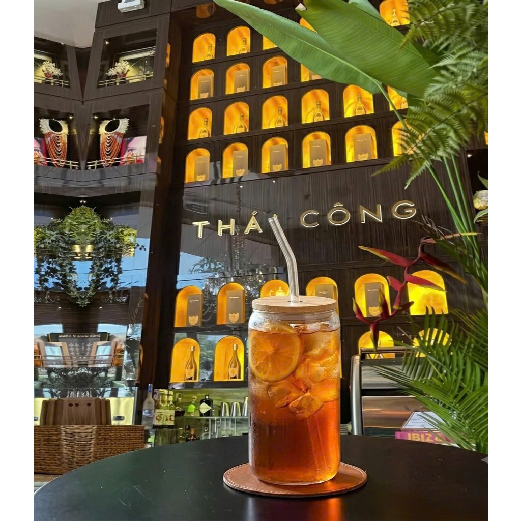 Cốc Thủy Tinh 550ml Kèm Nắp Gỗ Ống hút Bình Thủy Tinh Hình Trụ Trơn Decor Uống Cafe Chất Liệu An Toàn Tiện Lợi