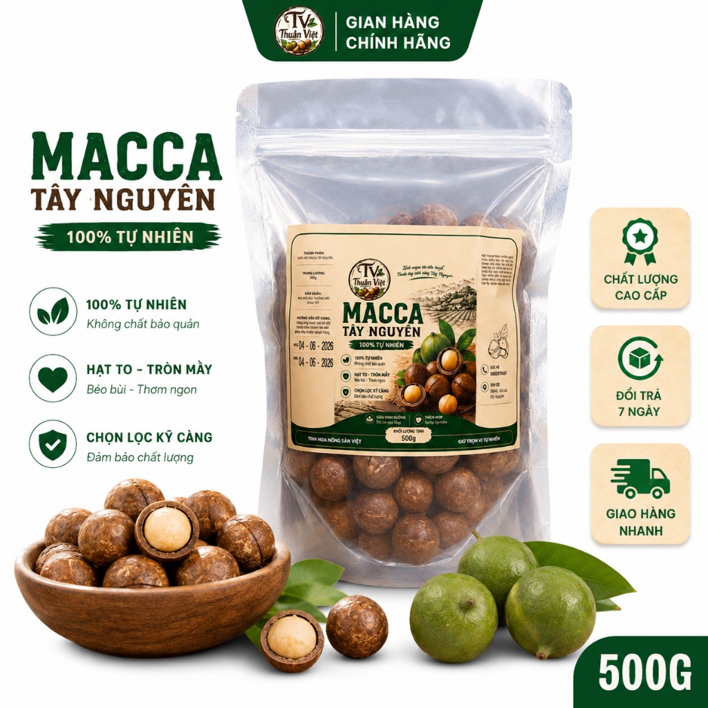 Hạt Mắc Ca Đắk Lắk Nứt Vỏ 500g Túi Zip - Macca Tây Nguyên Sấy Giòn Béo, Bảo Quản Tiện Lợi | Thuần Việt Farm
