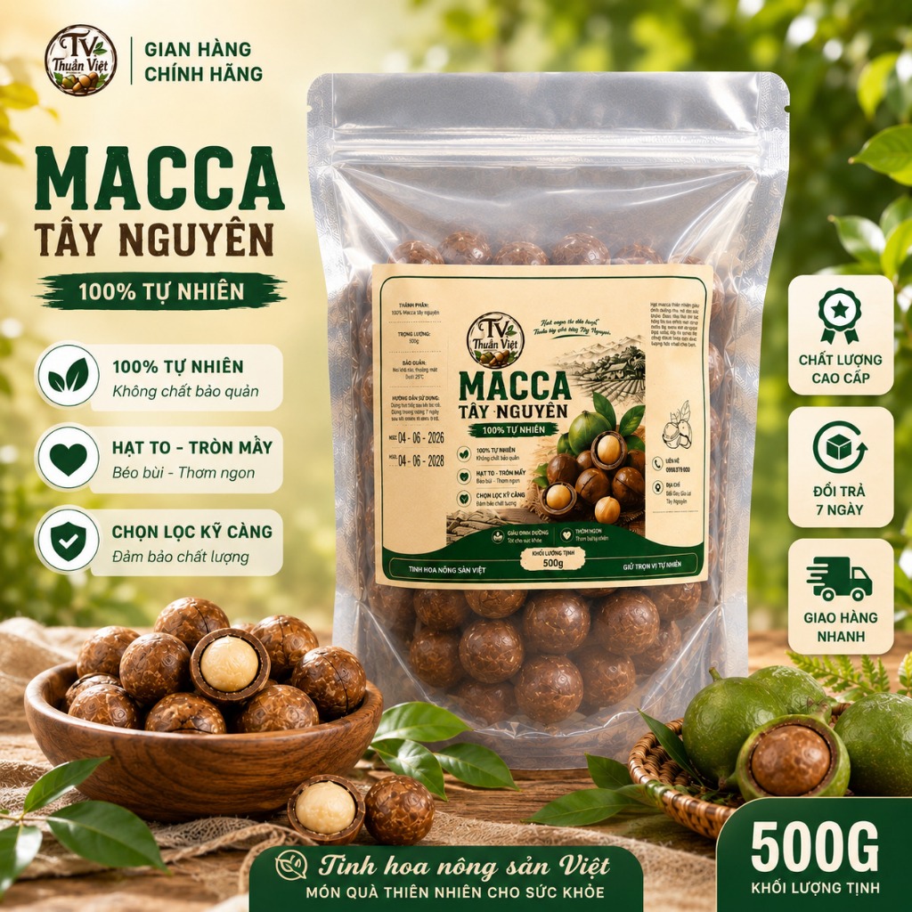 Hạt Mắc Ca Đắk Lắk Nứt Vỏ 500g Túi Zip - Macca Tây Nguyên Sấy Giòn Béo, Bảo Quản Tiện Lợi | Thuần Việt Farm