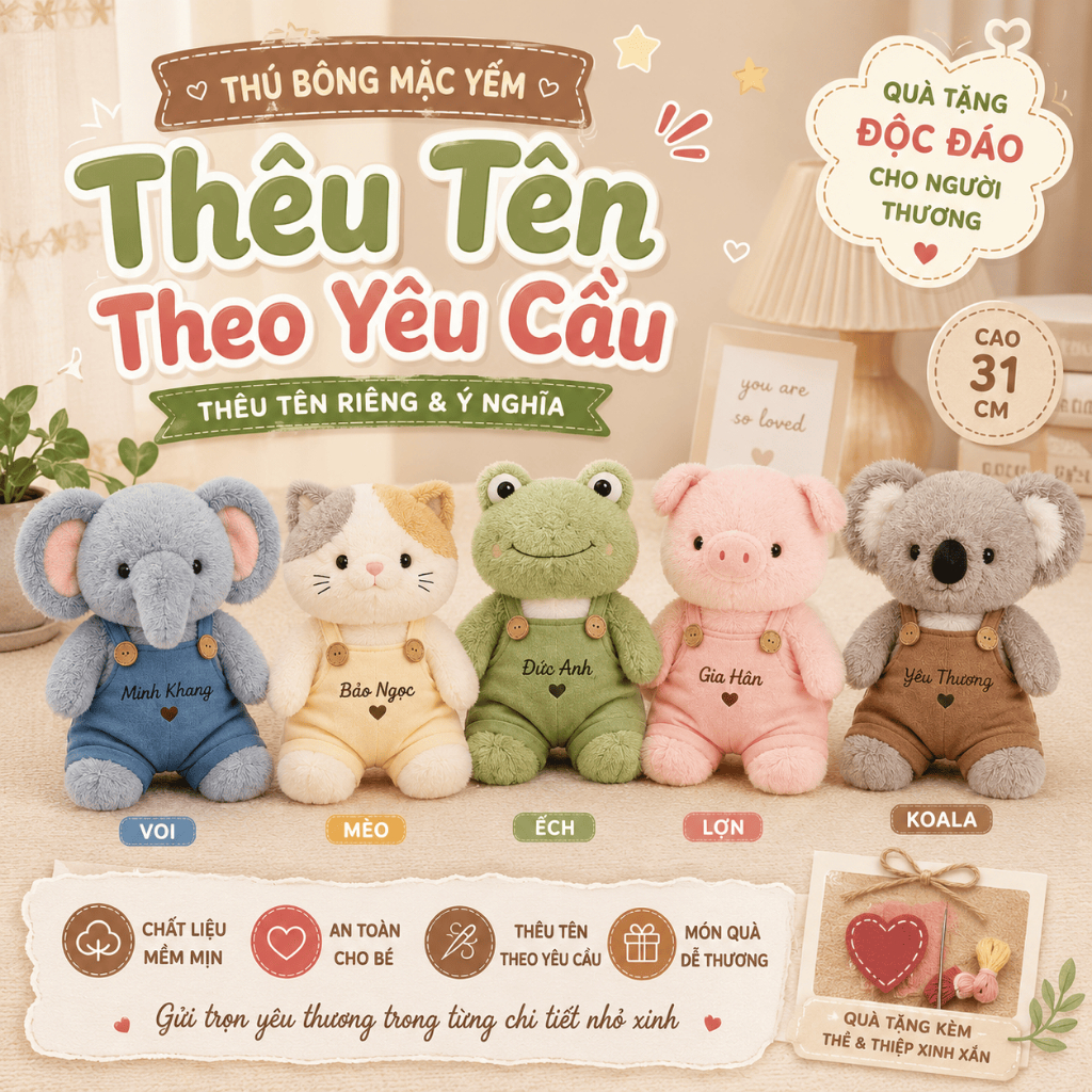 Gấu bông thú nhồi bông cute mặc yếm dễ thương – Koala, mèo, voi, heo, ếch siêu mềm mịn quà tặng 31CM - ROSA GIFT HOUSE