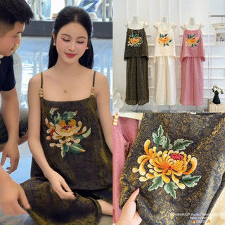 Sét áo lụa hai dây xỏ hạt thêu hoa cúc + quần xuông lụa #26280