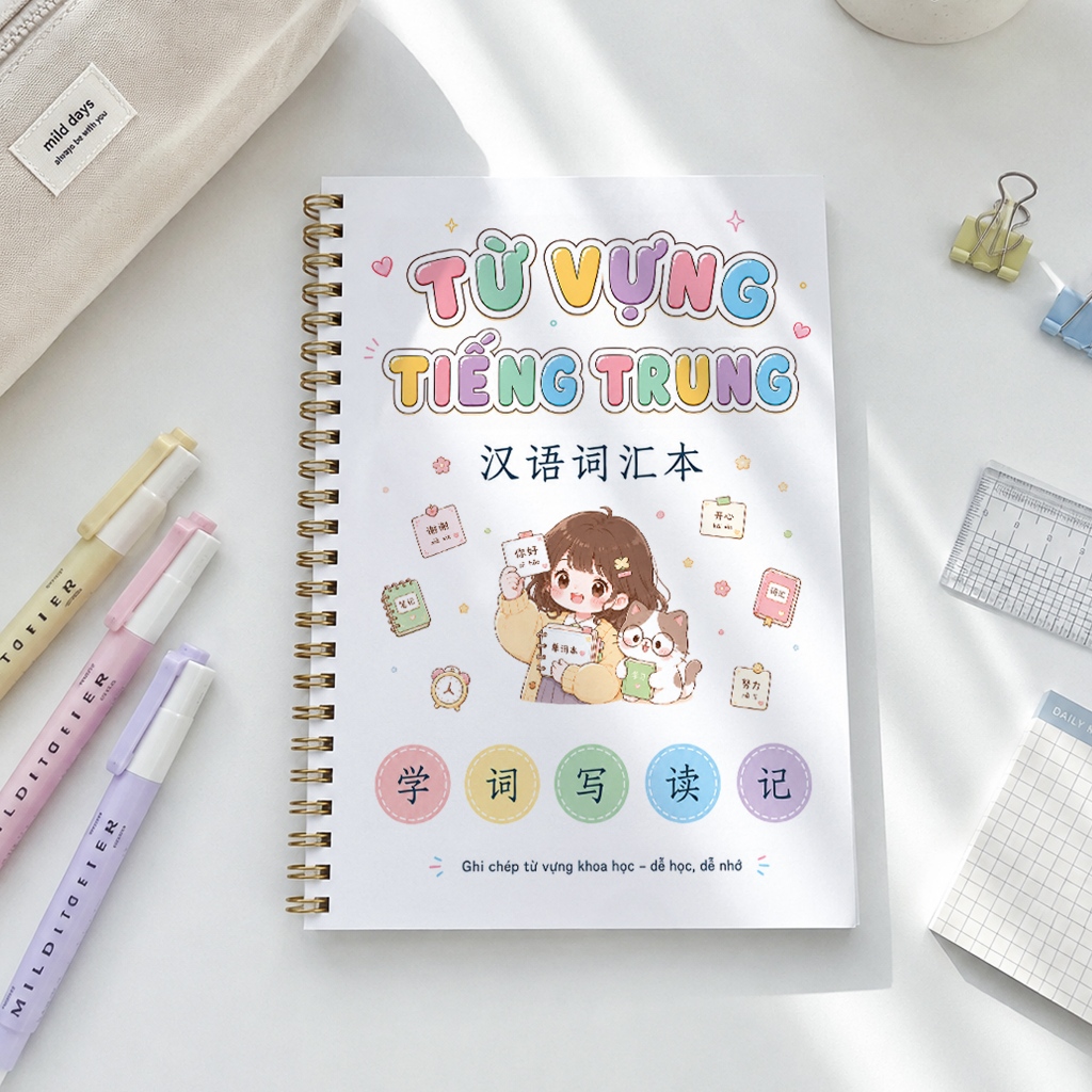 Sổ ghi từ vựng tiếng Trung - Luyện viết chữ Hán ô kẻ 0.5cm có chỗ viết ví dụ