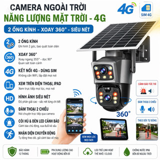 Camera Ngoài Trời Dùng Sim 4G Năng Lượng Mặt Trời, 2 Ống Kính, Xoay 360 Độ, Xem Trên Điện Thoại, Ipad, Siêu Nét