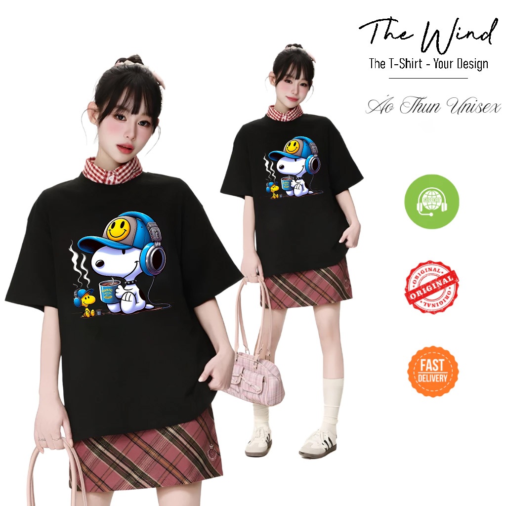 Áo Thun In Hình Snoopy Và Woodstock Nghe Nhạc Uống Cafe Form Rộng Cotton Việt Mềm Mịn Thoáng Mát