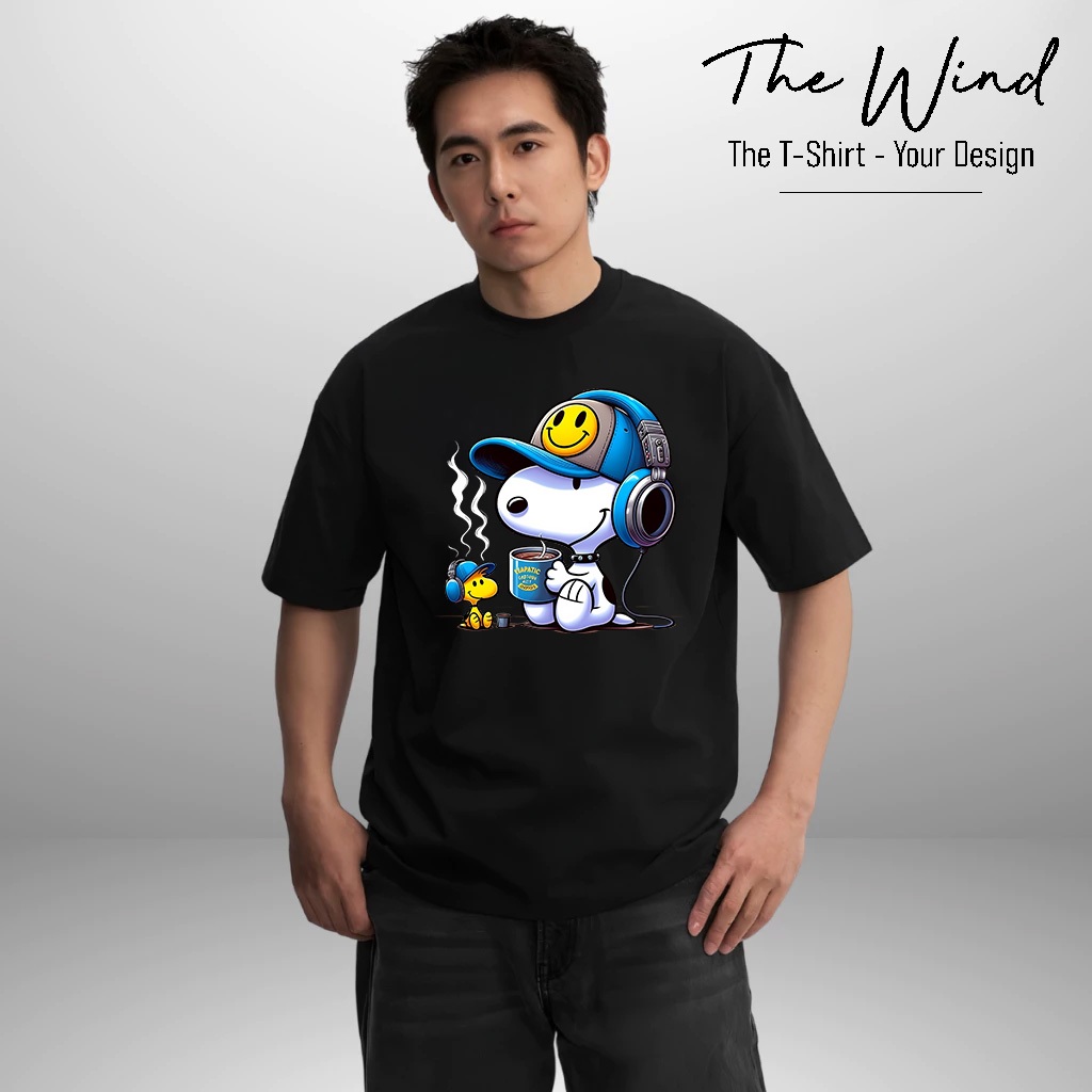 Áo Thun In Hình Snoopy Và Woodstock Nghe Nhạc Uống Cafe Form Rộng Cotton Việt Mềm Mịn Thoáng Mát