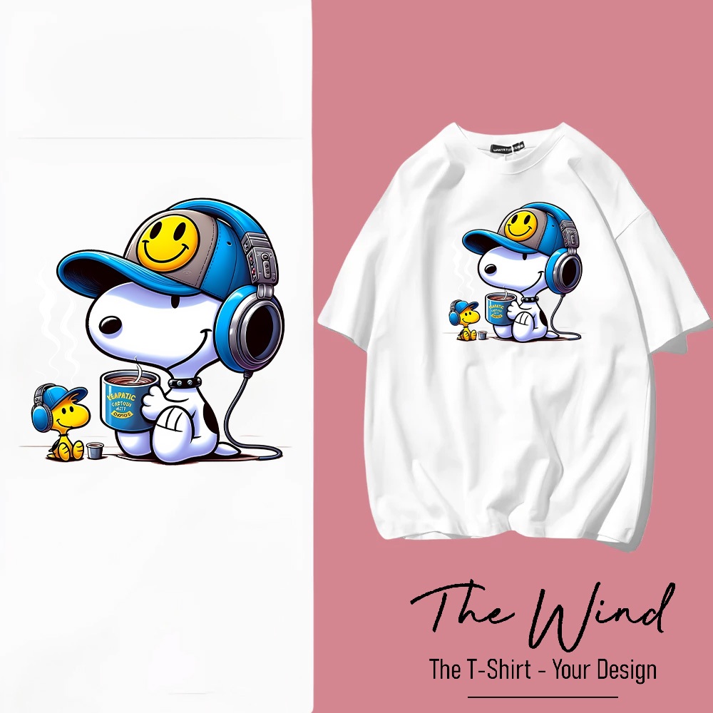 Áo Thun In Hình Snoopy Và Woodstock Nghe Nhạc Uống Cafe Form Rộng Cotton Việt Mềm Mịn Thoáng Mát