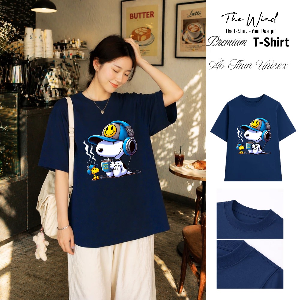 Áo Thun In Hình Snoopy Và Woodstock Nghe Nhạc Uống Cafe Form Rộng Cotton Việt Mềm Mịn Thoáng Mát