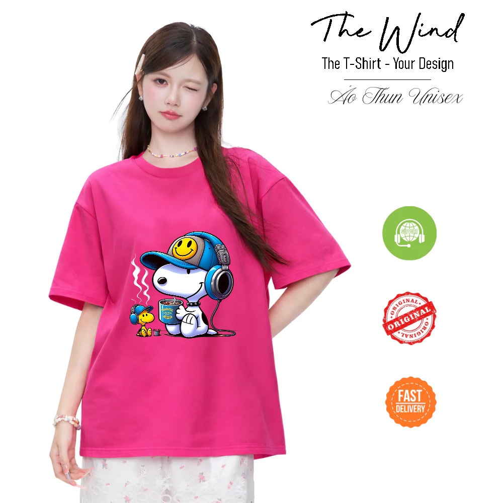 Áo Thun In Hình Snoopy Và Woodstock Nghe Nhạc Uống Cafe Form Rộng Cotton Việt Mềm Mịn Thoáng Mát