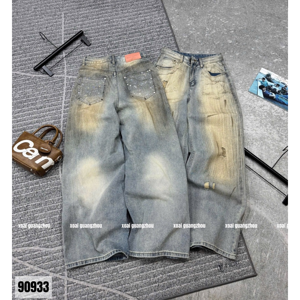 🥭Jeans xuông loang màu vảy sơn cào rách nhẹ túi bling siu slayyy 🖤🖤 hàng QC loại 1 new ~