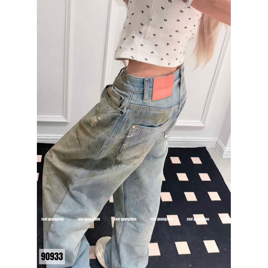 🥭Jeans xuông loang màu vảy sơn cào rách nhẹ túi bling siu slayyy 🖤🖤 hàng QC loại 1 new ~