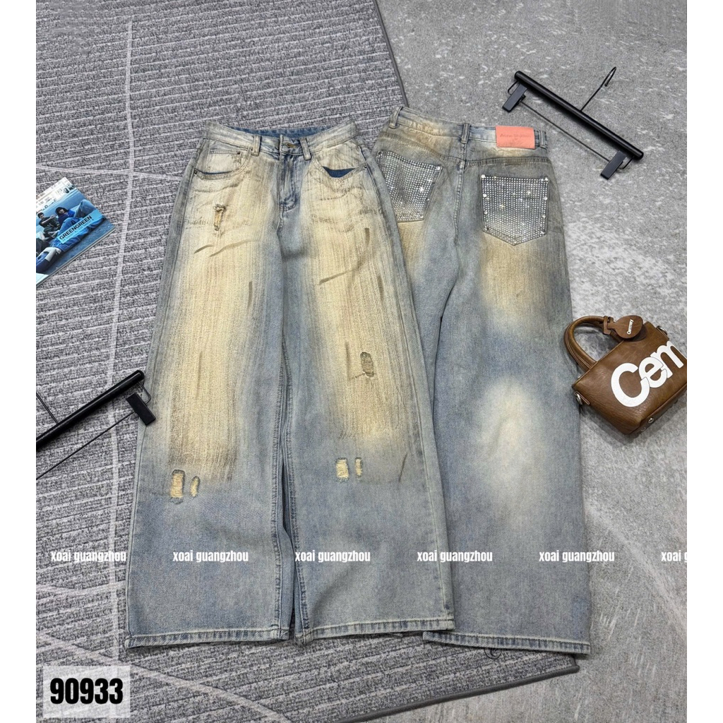🥭Jeans xuông loang màu vảy sơn cào rách nhẹ túi bling siu slayyy 🖤🖤 hàng QC loại 1 new ~