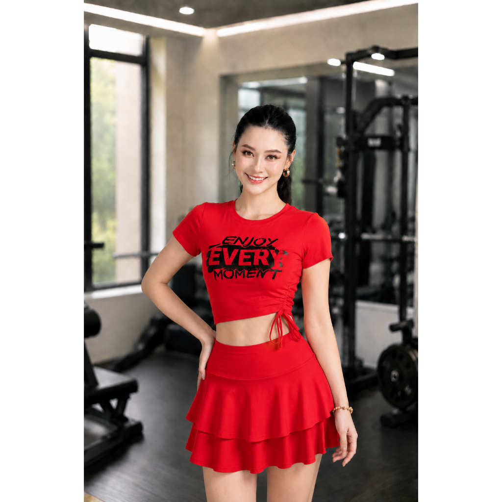 Bộ tập gym yoga aerobic nữ, Bộ đi bơi đi biển nữa, bộ tập thể thao nữ( Áo rút sườn + chân váy 2 tầng) I mme