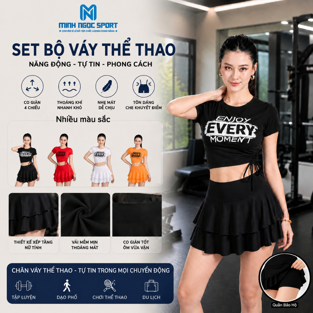 Bộ tập gym yoga aerobic nữ, Bộ đi bơi đi biển nữa, bộ tập thể thao nữ( Áo rút sườn + chân váy 2 tầng) I mme