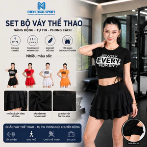 Bộ tập gym yoga aerobic nữ, Bộ đi bơi đi biển nữa, bộ tập thể thao nữ( Áo rút sườn + chân váy 2 tầng) I mme