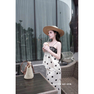 SET CHẤM BI ÁO 2S VIỀN REN MIX CHÂN VÁY DÁNG DÀI HOT HIT