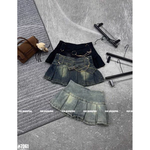 Chân váy jeans xếp li đai giữa lệch siu nạ hàng QC loại 1 ~