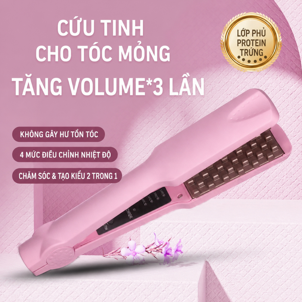 Máy dập xù bấm tóc phồng chân tóc vuông 2 in 1, 5 mức nhiệt, ion âm bảo vệ tóc, màu hồng