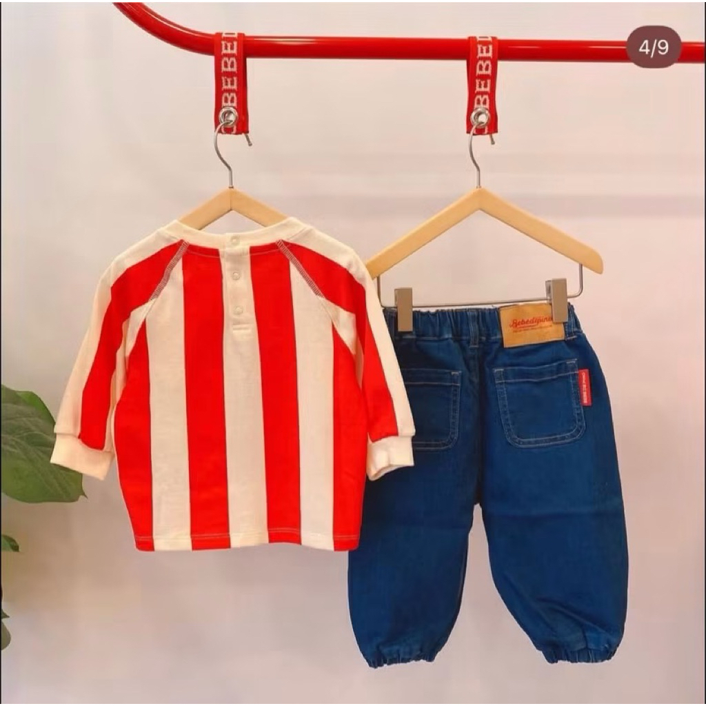 Áo lẻ Bebedepino trai gái đều mặc được hoạ tiết sọc trắng đỏ “Jamine” cưng lắm [size 100]