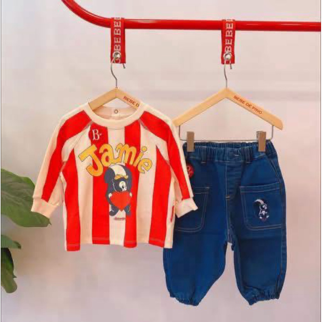 Áo lẻ Bebedepino trai gái đều mặc được hoạ tiết sọc trắng đỏ “Jamine” cưng lắm [size 100]
