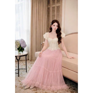 Set 2 Món Áo Trễ Vai Tay Bồng Đính Nơ Kèm Chân Váy Xoè Viền Ren Đi Biển Siêu Xinh