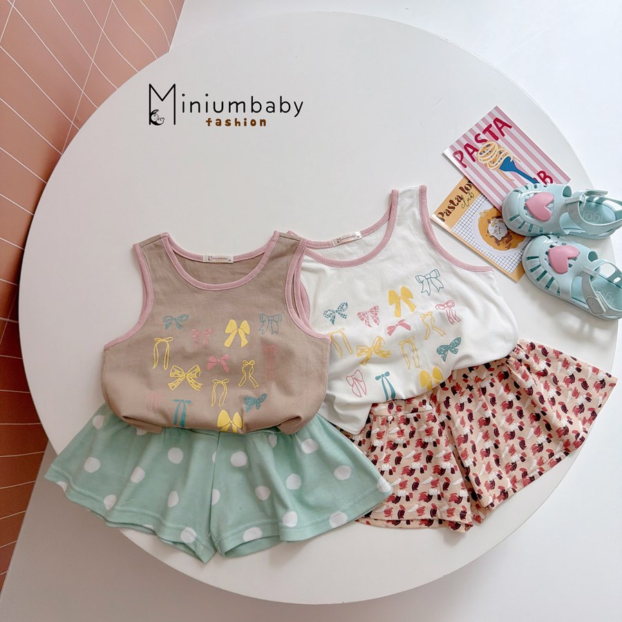 Set bộ sát nách bé gái Miniumbaby hình nơ mix quần giả váy điệu đà, chất áo cotton thoáng mát SB2756