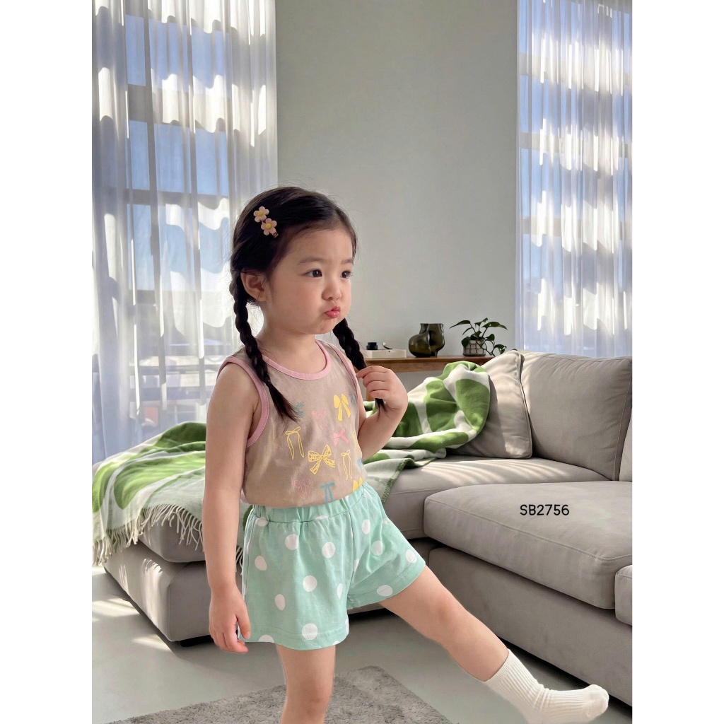 Set bộ sát nách bé gái Miniumbaby hình nơ mix quần giả váy điệu đà, chất áo cotton thoáng mát SB2756