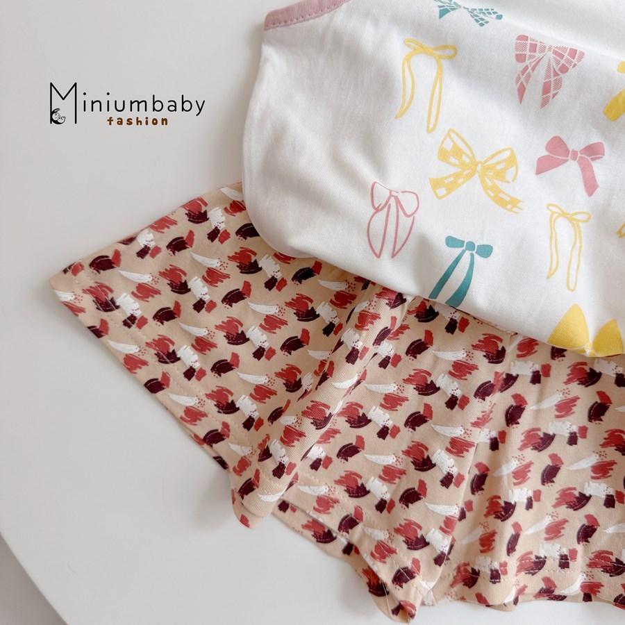 Set bộ sát nách bé gái Miniumbaby hình nơ mix quần giả váy điệu đà, chất áo cotton thoáng mát SB2756