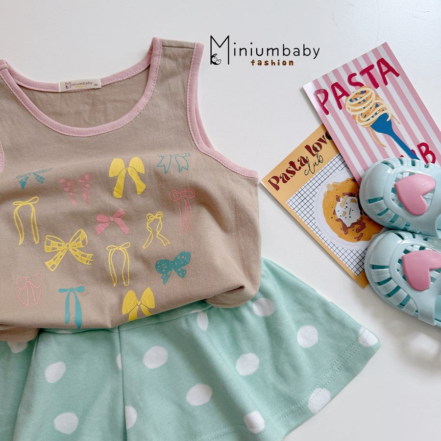 Set bộ sát nách bé gái Miniumbaby hình nơ mix quần giả váy điệu đà, chất áo cotton thoáng mát SB2756