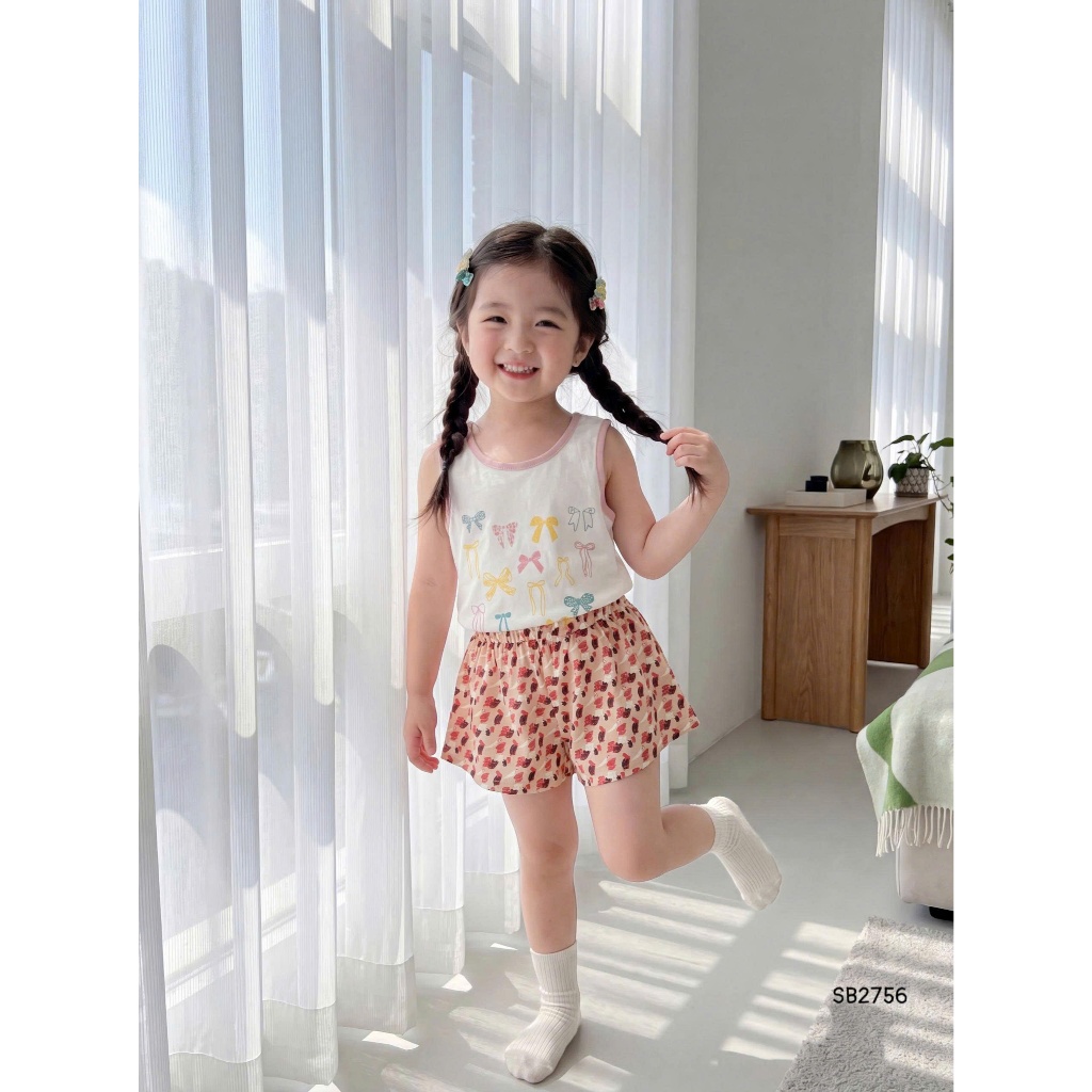 Set bộ sát nách bé gái Miniumbaby hình nơ mix quần giả váy điệu đà, chất áo cotton thoáng mát SB2756