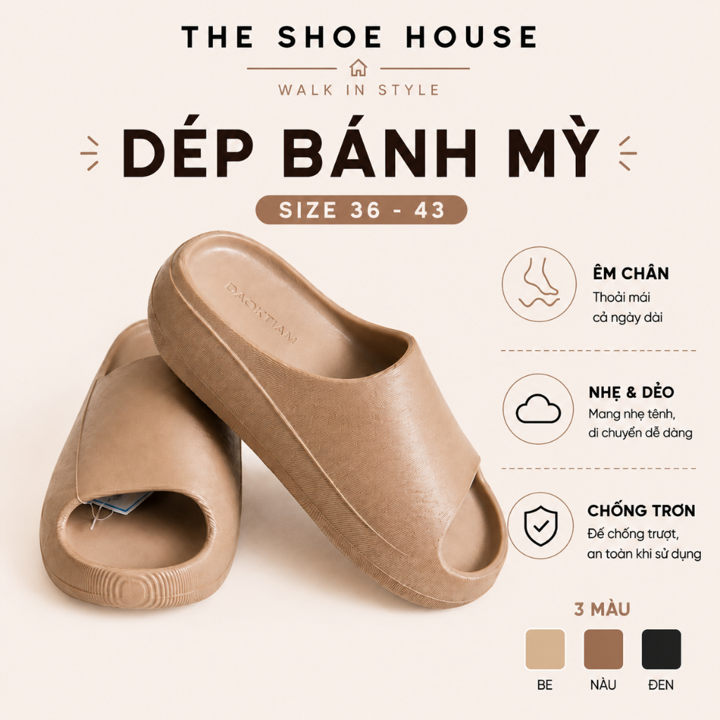[M1] Dép Bánh Mỳ Đế Cao Êm Chân Nam Nữ Chống Trơn Trượt, Dép Thời Trang 3 Màu Basic