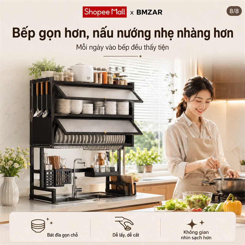 BMZAR Kệ chén có nắp đậy thép cacbon Kệ bát trên bồn rửa bát 65-125CM Kệ úp chén Có thể chịu được 200kg | BigBuy360 - bigbuy360.vn