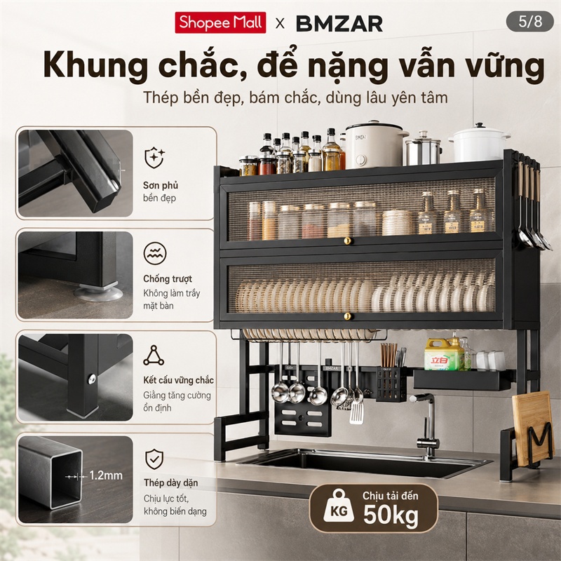 BMZAR Kệ chén có nắp đậy thép cacbon Kệ bát trên bồn rửa bát 65-125CM Kệ úp chén Có thể chịu được 200kg | BigBuy360 - bigbuy360.vn