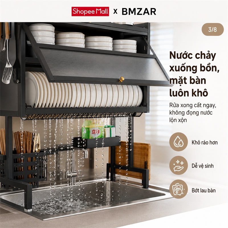 BMZAR Kệ chén có nắp đậy thép cacbon Kệ bát trên bồn rửa bát 65-125CM Kệ úp chén Có thể chịu được 200kg | BigBuy360 - bigbuy360.vn