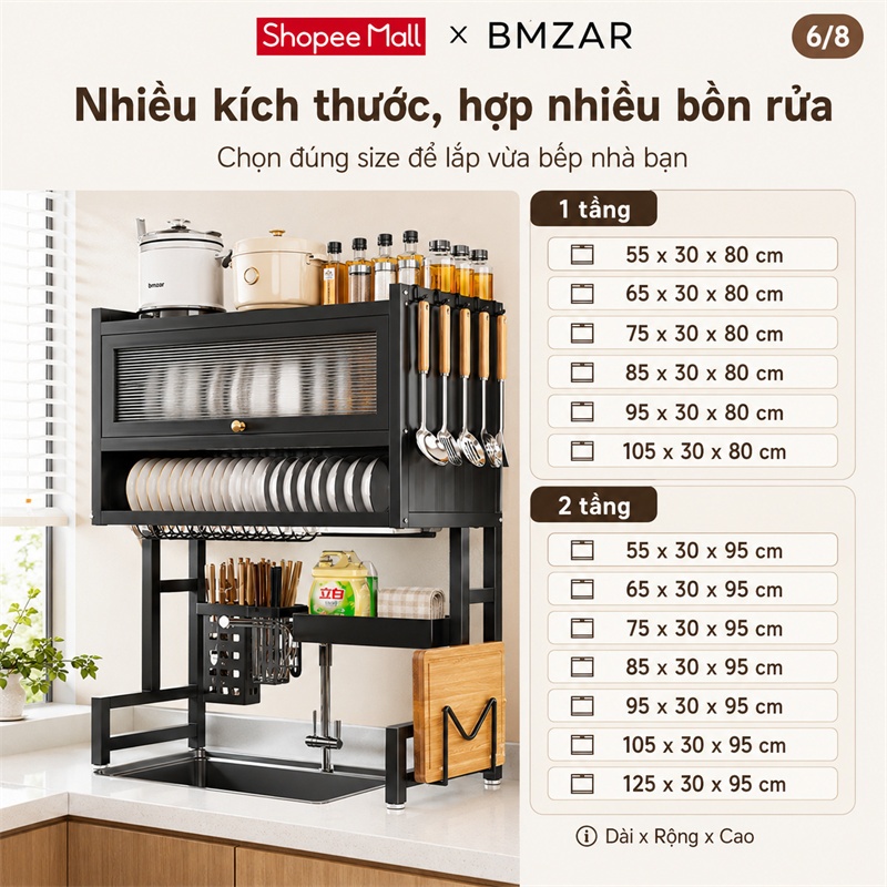 BMZAR Kệ chén có nắp đậy thép cacbon Kệ bát trên bồn rửa bát 65-125CM Kệ úp chén Có thể chịu được 200kg | BigBuy360 - bigbuy360.vn
