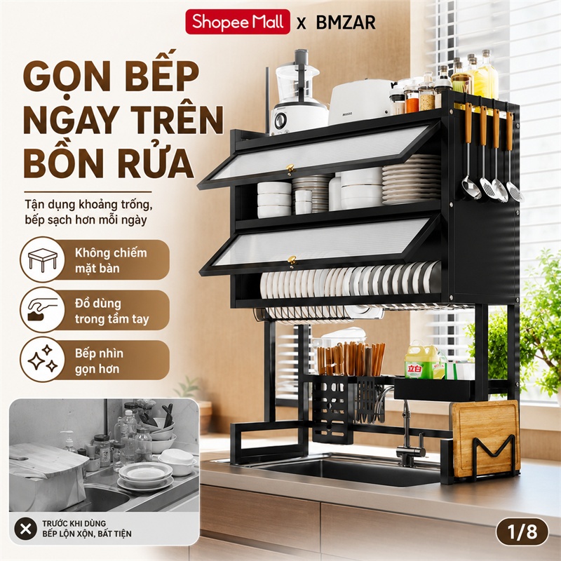 BMZAR Kệ chén có nắp đậy thép cacbon Kệ bát trên bồn rửa bát 65-125CM Kệ úp chén Có thể chịu được 200kg | BigBuy360 - bigbuy360.vn